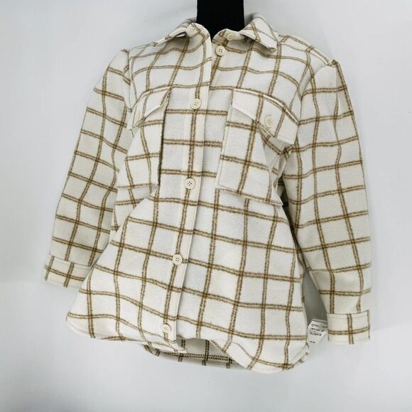 NWT Treasure & Bond Plaid Puff Sleeve Shirt Jacket In Cream Size Medium - Picture 6 of 10